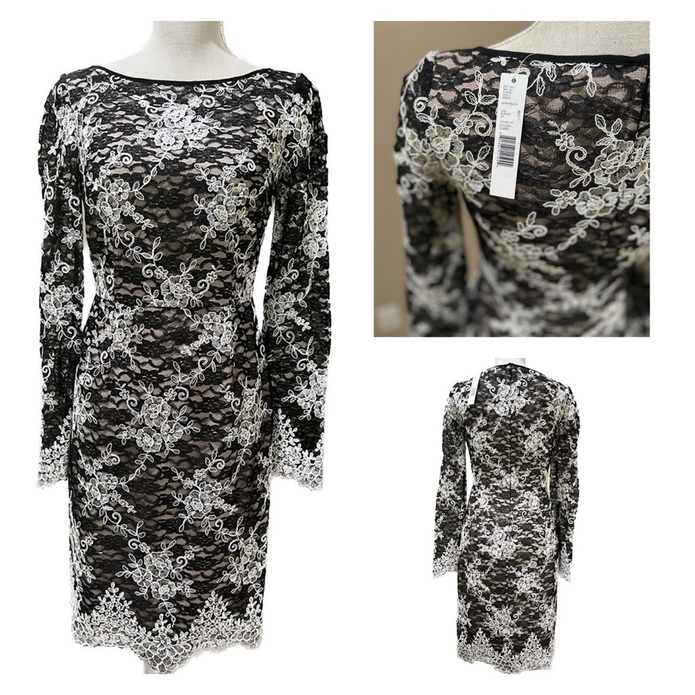 Antonio Melani Holly Dress Ivory/Black Lace Mesh Sleeves Fully Lined Body Sz 0